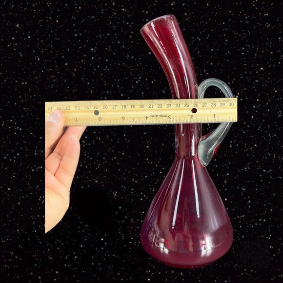 Hand Blown Art Glass Vase Ruby Red Clear Handle Hand Made Vintage Glass Jug - Picture 10 of 15